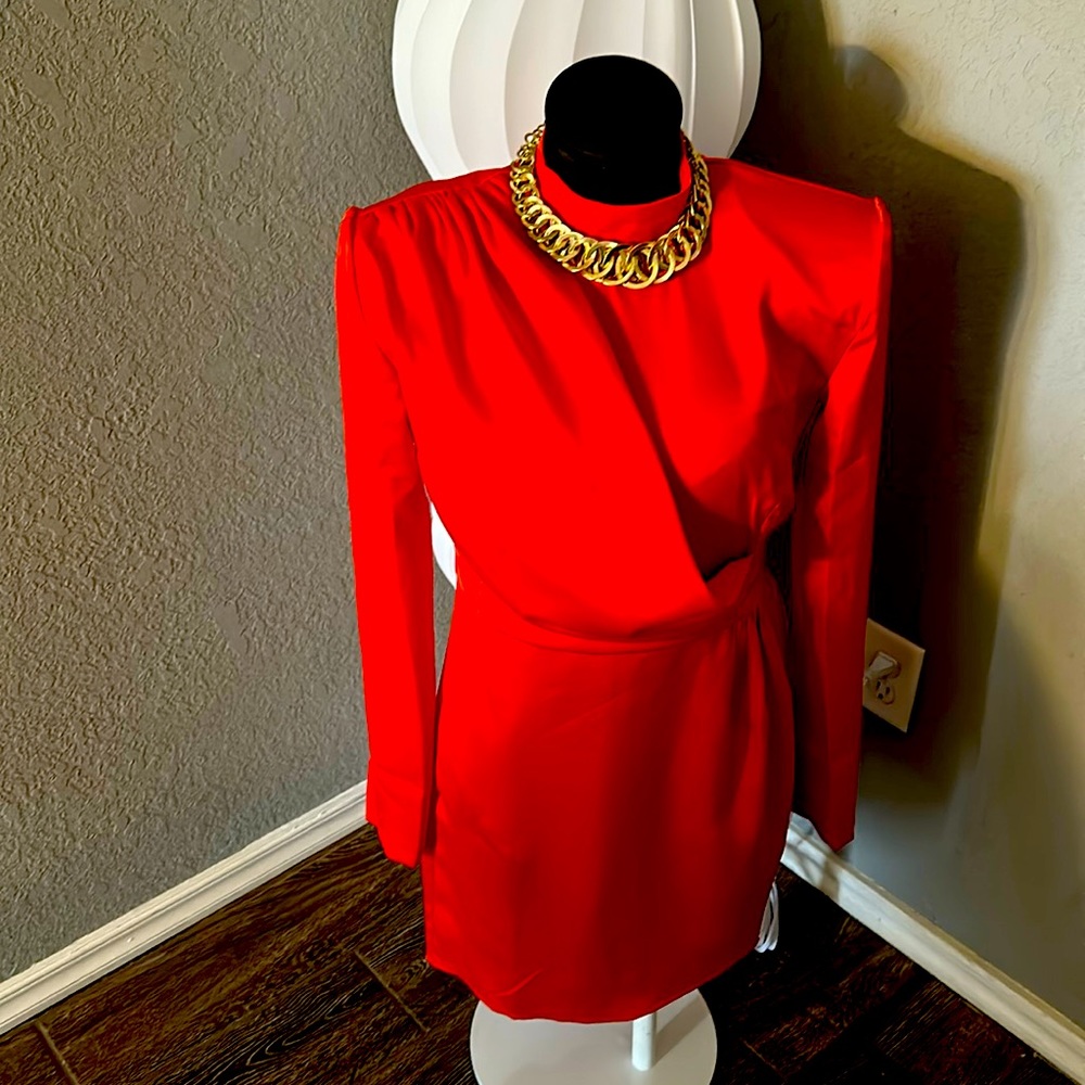Never Worn Red Satin High Neck Draped Bodycon Dress